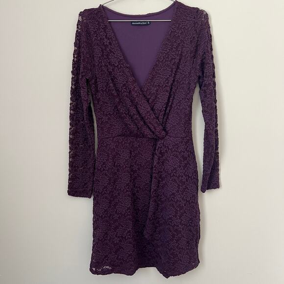 Abercrombie & Fitch Long Sleeve Purple Lace Overlay Dress Size M - Picture 2 of 12